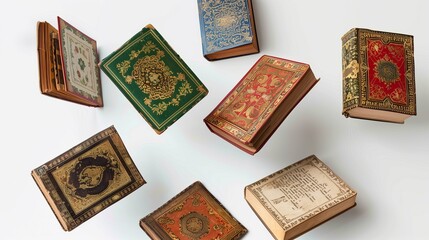 Spiritual books with ornate covers and intricate designs, caught in the act of falling, isolated on a pristine white background, each book captured in different stages of descent,