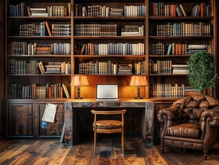 cozy study nook with floating bookshelves vintage leather armchair warm lamp glow open laptop on rustic wooden desk inspiring atmosphere