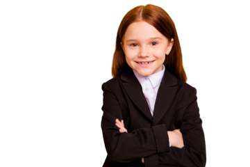 Close-up portrait of her she nice attractive cute lovely cheery cheerful pre-teen girl nerd wearing formal jacket blazer folded arms isolated over beige pastel background