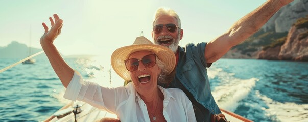 A senior couple are smiling and posing for a picture on a boat.