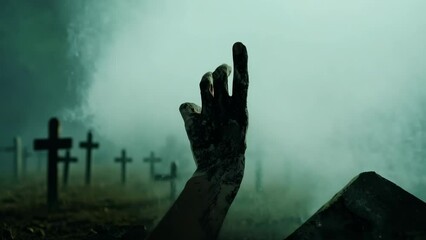 Eerie scene in a foggy graveyard with a hand emerging from a grave, reaching towards the sky. Perfect for horror themes, halloween, and supernatural content