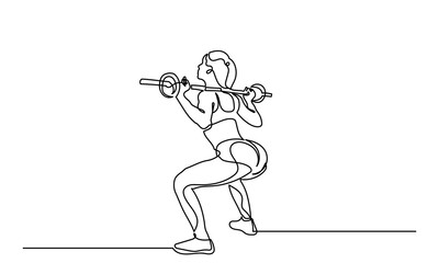 Woman Fitness workout exercise back side view Continuous line drawing of a girl lifting a heavy-weight barbell.Female bodybuilder doing exercise in the gym center.Healthy lifestyle concept.
