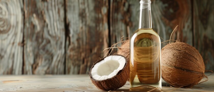 Glass bottle filled with coconut oil is placed on a rustic wooden table, Two whole coconuts are arranged around the bottle, The warm lighting and the simple composition highlight the naturalness. 