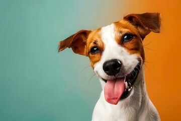 Jack Russell Terrier Dog winking and sticking out tongue on solid color bright background