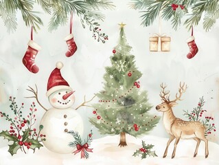 delicate watercolor vignette featuring whimsical christmas scenes evergreen tree jolly snowman hanging stockings and prancing reindeer