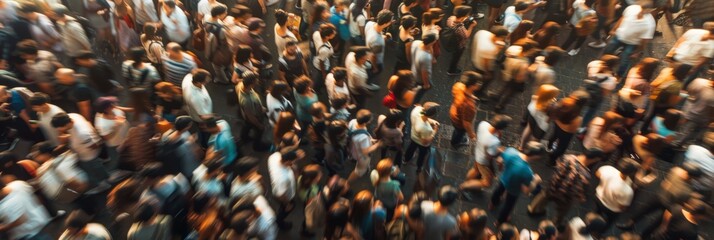 Blurred image of a large crowd of people walking on a street. Horizontal composition with varied colors and motion blur effect.