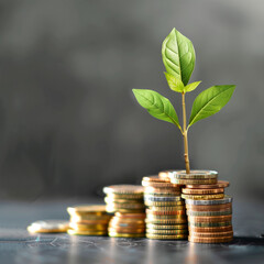 Growing Plant on Coin Stacks Symbolizing Financial Growth and Investment. Green Sprout on Money for Economic Sustainability and Business Success