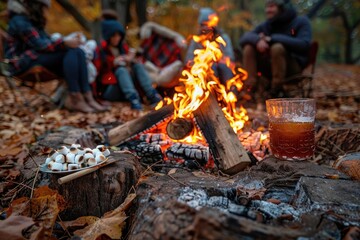 Cozy campfire surrounded by friends, sizzling marshmallows and a warm drink in the autumn forest during a camping trip.