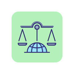 Scales on globe line icon. International tribunal, Supreme court, Human Rights Court. Justice concept. Vector illustration can be used for topics like legal system, legislation, politics