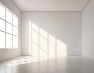 Empty white room with sunlight streaming through a large window. Perfect for showcasing furniture, products, or as a minimalist background.