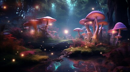 Enchanting forest scene with large, glowing mushrooms and floating fireflies at night, creating a magical atmosphere. Horizontal illustration with vibrant colors and whimsical details. defocus