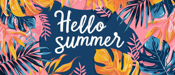 Vibrant tropical summer greeting with leaves