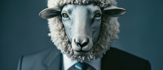 Business executive with wolf eyes behind a sheep mask, strategic deception, corporate espionage