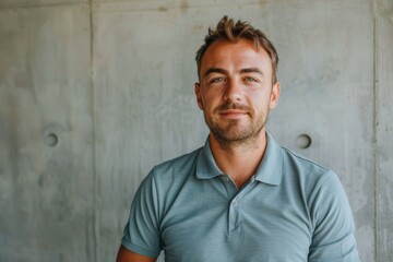 Obraz premium Portrait of a satisfied man in his 30s wearing a breathable golf polo in front of bare concrete or plaster wall