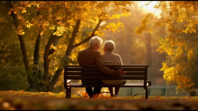 A couple of older people are sitting on a bench in a park. The bench is surrounded by leaves and the couple is enjoying the autumn scenery