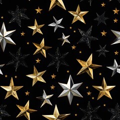 Obraz premium Black Background with Shiny Gold and Silver Stars