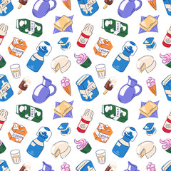 Milk dairy product flat seamless pattern. Wallpaper, package design with ice cream, cupcake, cheese, butter. Vector illustration on a white background.