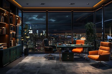 Modern home office interior in skyscraper, dark luxury room with night city view. Stylish apartment with big window and orange green furniture. Concept of contemporary elegant design