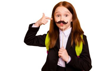 Close-up portrait of nice attractive lovely childish playful pre-teen girl wearing jacket blazer demonstrating fake mustache isolated over beige pastel background
