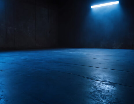 Empty, dark industrial space illuminated by a single blue neon light. Ideal for technology, music, or edgy product promotions.