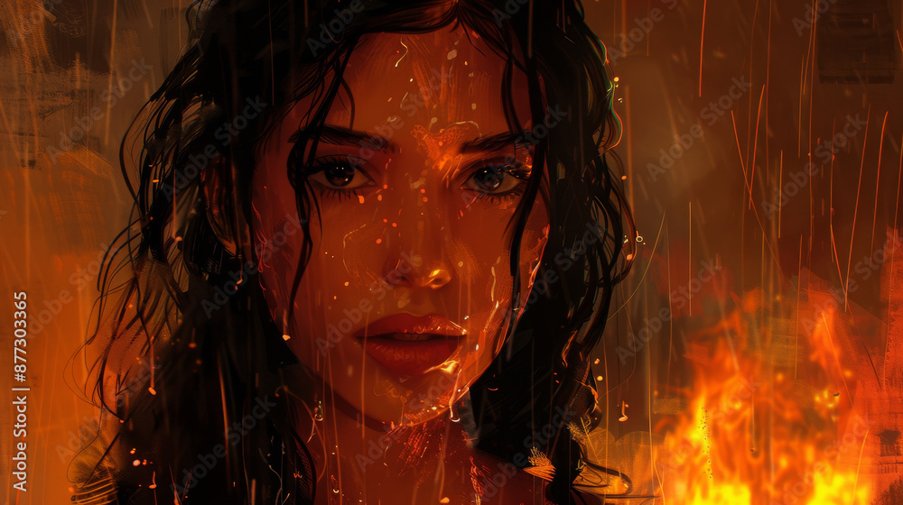 Wall mural a woman with wet hair is standing in front of a fire