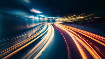 Obraz premium Abstract streaks of light from cars driving at night on a winding road