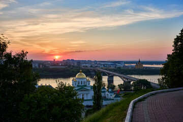Evening view of Annunciation Monastery, Kanavinsky Bridge and Alexander Nevsky Cathedrall, Nizhny...