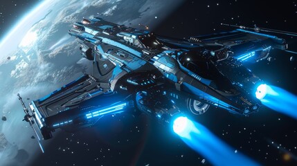 Mothership of aliens, deep space spaceship, UFO spacecraft flying in the Universe with planets and stars, rear view, 3D rendering