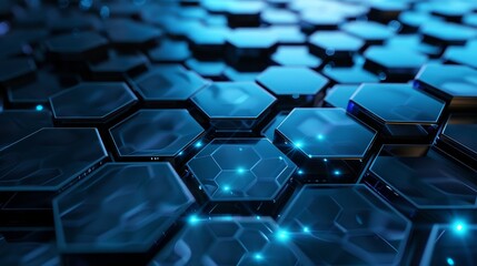 Fototapeta premium Illustration of a glowing blue hexagons pattern rendered in 3D