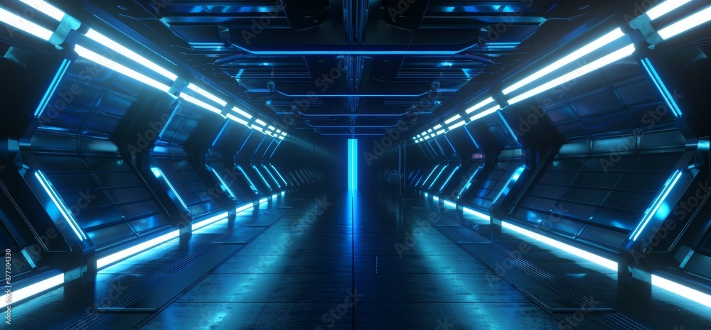 Poster Neon Laser Fluorescent Tubes on Metal Reflecting Floors, Futuristic Underground Room Garage Empty Background, 3D Rendering of a Sci Fi Modern Tunnel Corridor.