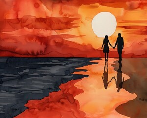 Naklejka premium Sunset beach walk, couple holding hands, peaceful shoreline, Watercolor style, ,