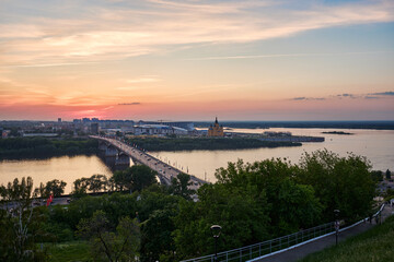 Evening view of Kanavinsky Bridge and Alexander Nevsky Cathedrall, Nizhny Novgorod, Russia