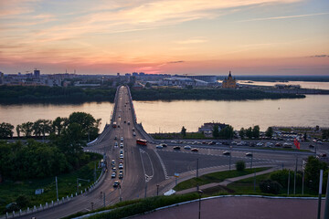 Evening view of Kanavinsky Bridge and Alexander Nevsky Cathedrall, Nizhny Novgorod, Russia