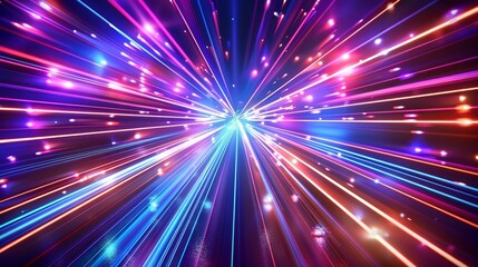 Obraz premium A fast moving blue particle light ray, digital dynamic hyperspace technology, and warp tunnel at galaxy speed