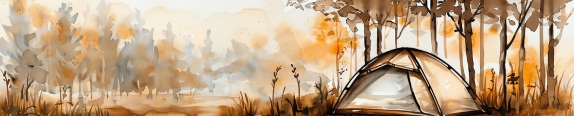 Obraz premium Family camping trip, setting up tent, forest surroundings, evening light, Watercolor style, ,
