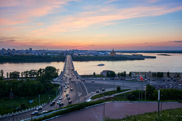 Evening view of Kanavinsky Bridge and Alexander Nevsky Cathedrall, Nizhny Novgorod, Russia