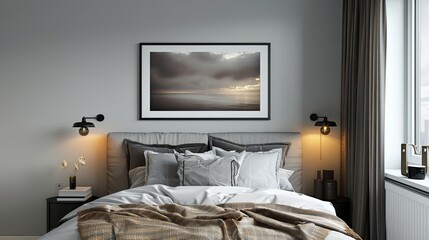 A bedroom with picture frame on the wall. Mockup poster. wall art mockup