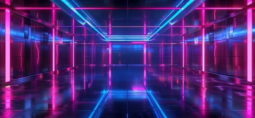 Obraz premium A sci-fi futuristic garage with purple blue neon lasers, a contemporary showroom gallery, and a tunnel corridor made out of asphalt, concrete, and metal.