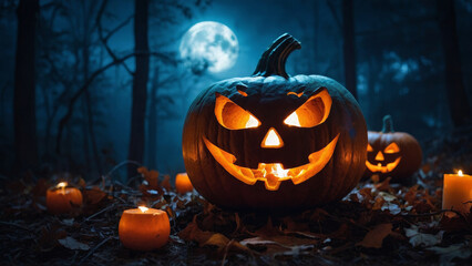 Fototapeta premium Spooky jack-o-lantern in dark forest illuminated by soft glow of moon