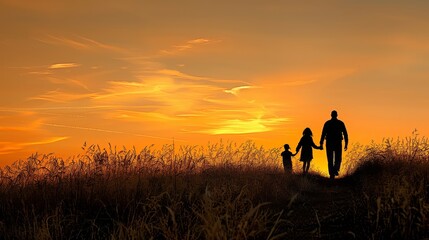 A family holding hands in a field against a bright sunset sky, depicting the togetherness and beauty of nature.