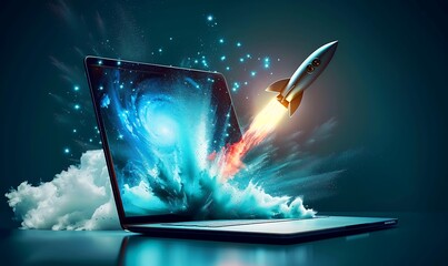 Rocket exiting laptop screen with abstract digital wave