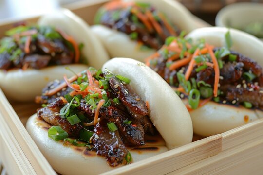Bao buns being served in a bamboo steamer basket
