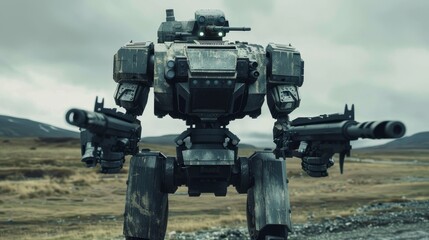 Fototapeta premium A giant battle machine made of sci-fi technology, influenced by science fiction. We see a humanoid robot in the apocalypse countryside.