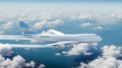 Commercial Airliner Passanger Plane Jumbo Jet Flying over Clouds with Country Flag Argentina
