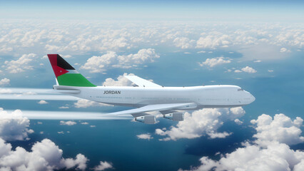 Commercial Airliner Passanger Plane Jumbo Jet Flying over Clouds with Country Flag Jordan