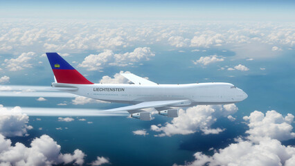 Commercial Airliner Passanger Plane Jumbo Jet Flying over Clouds with Country Flag Liechtenstein