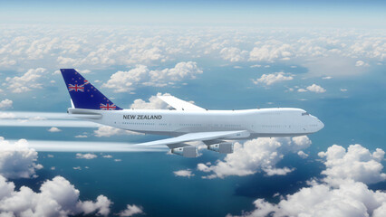 Commercial Airliner Passanger Plane Jumbo Jet Flying over Clouds with Country Flag New Zealand