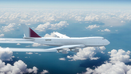 Commercial Airliner Passanger Plane Jumbo Jet Flying over Clouds with Country Flag Qatar