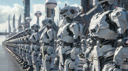 Fototapeta premium An invasion of military robots. Extremely realistic apocalyptic concept. Future 3D render.