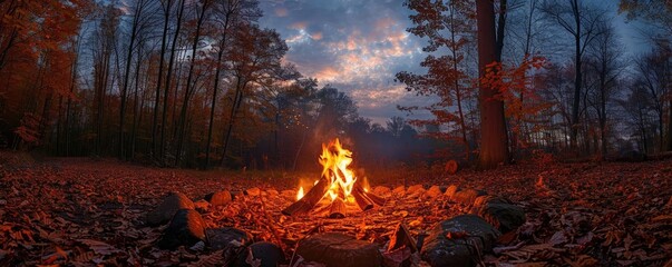 A cozy campfire burns brightly in a forest during twilight, surrounded by autumn leaves and tall trees under a colorful evening sky.